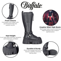 Buffalo - Womens Vegan Leather Black Zip Up Chunky Knee High Platform Boots - Gospher Hi