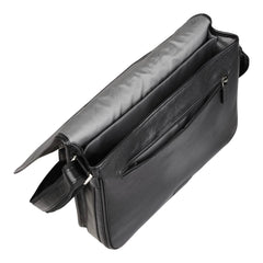 Black Leather Flap Over Laptop Messenger Satchel