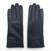 Womens Black Italian Leather Gloves with Button Detail & Wool Lining