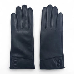 Womens Black Italian Leather Gloves with Button Detail & Wool Lining