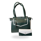 Women's Green and White Leather Shoulder Bag with Matching Purse