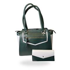 Women's Green and White Leather Shoulder Bag with Matching Purse