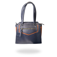 Women's Leather Shoulder Bag Navy and Tan