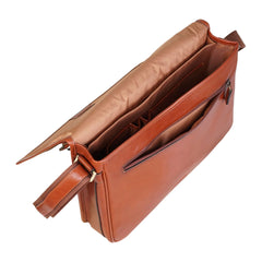 Deep Tan Vintage Leather Flap Over Laptop Messenger Satchel