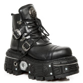 NEW ROCK - M-TANK007-S1 Black Leather Platform Combat Boots