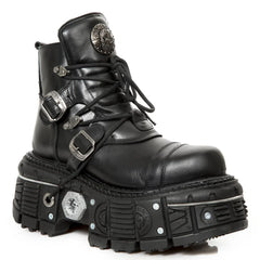 NEW ROCK - M-TANK007-S1 Black Leather Platform Combat Boots