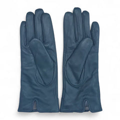 Womens Teal Italian Leather Gloves with Button Detail & Wool Lining