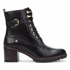 Pikolinos - Women's Llanes Black Leather Mid Heel Combat Ankle Boots