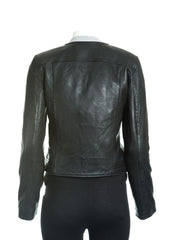 Women's Black Leather Collarless Cross-Zip Biker Jacket: Gia