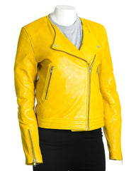 Women's Yellow Leather Collarless Cross-Zip Biker Jacket: Gia