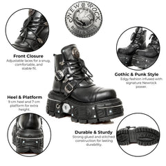 NEW ROCK - M-TANK007-S1 Black Leather Platform Combat Boots