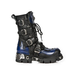 NEW ROCK - 107-C5 Blue Flame Skull Lace Up Boots