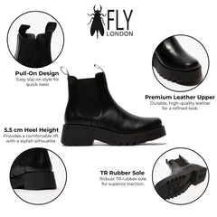 Fly London - MEDI789 Women's Black Leather Platform Heel Chelsea Boots