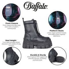 Buffalo - Womens Vegan Leather Black Zip Up Chunky Platform Boots - Gospher