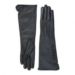 Womens Black Long Italian Leather Gloves with Button Detail & Wool Lining