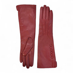 Womens Red Long Italian Leather Gloves with Button Detail & Wool Lining
