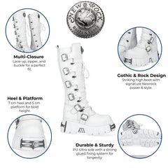 NEW ROCK - M-272-C69 White Leather Knee High Lace Up Boots