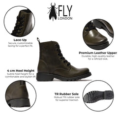 Fly London - RAGI539 Women's Dark Olive Green Leather Lace Up Ankle Boots
