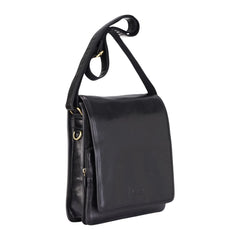 Black Leather Flap Over Cross Body Travel Bag