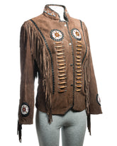 Women's Brown Suede Native American Style Jacket with Fringe and Beads - Navajo Ladies