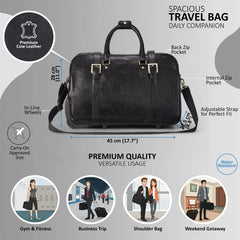 Black Leather Wheeled Cabin Holdall With Detachable Shoulder Strap