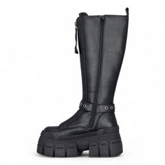 Buffalo - Womens Vegan Leather Black Zip Up Chunky Knee High Platform Boots - Gospher Hi