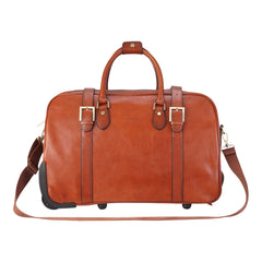 Deep Tan Leather Wheeled Cabin Holdall With Detachable Shoulder Strap