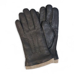 Mens Black Italian Leather Gloves with Wool Trim & Lining
