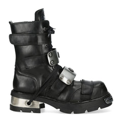 NEW ROCK - MET048-C9 Metallic Black Leather Chunky High Boots