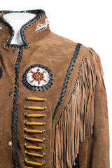 Women's Tan Suede Native American Style Jacket with Fringe and Beads - Navajo Ladies