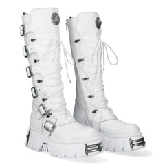 NEW ROCK - M-272-C69 White Leather Knee High Lace Up Boots