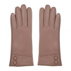 Womens Nude Italian Leather Gloves with Button Detail & Wool Lining