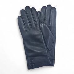 Womens Black Italian Leather Gloves with Button Detail & Wool Lining
