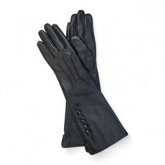 Womens Black Long Italian Leather Gloves with Button Detail & Wool Lining