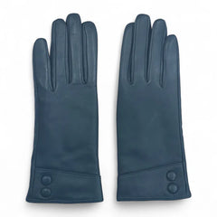 Womens Teal Italian Leather Gloves with Button Detail & Wool Lining