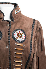 Women's Brown Suede Native American Style Jacket with Fringe and Beads - Navajo Ladies