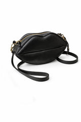 Womens Black Leather Valentine Lips Crossbody Bag