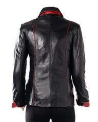 Ladies Black Contrast Buttoned Leather Jacket: Cassandra
