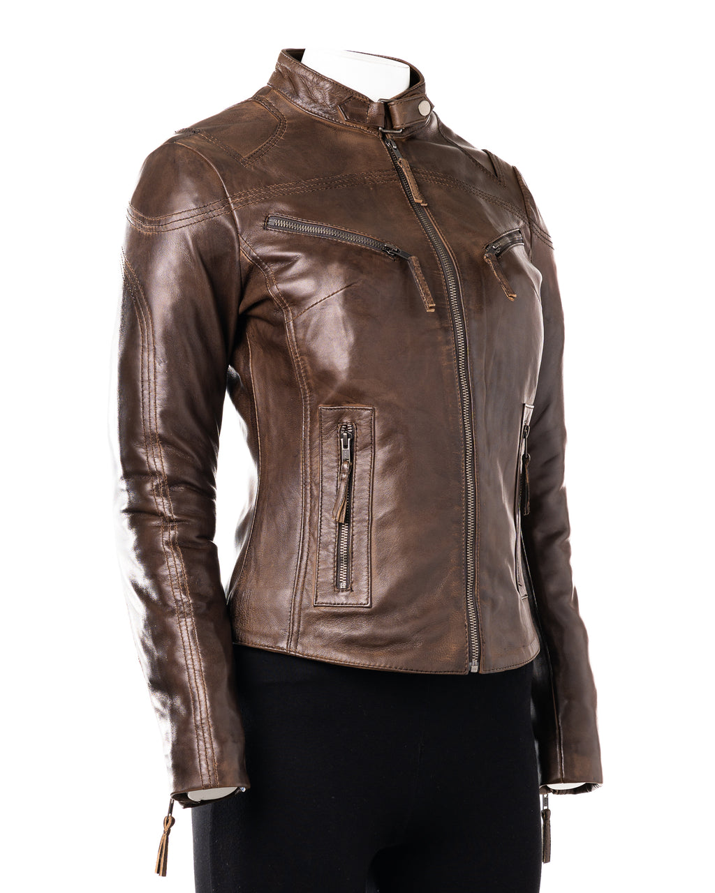 Ladies Antique Brown Slim Fit Biker Style Leather Jacket: Ella