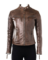 Ladies Antique Brown Slim Fit Biker Style Leather Jacket: Ella