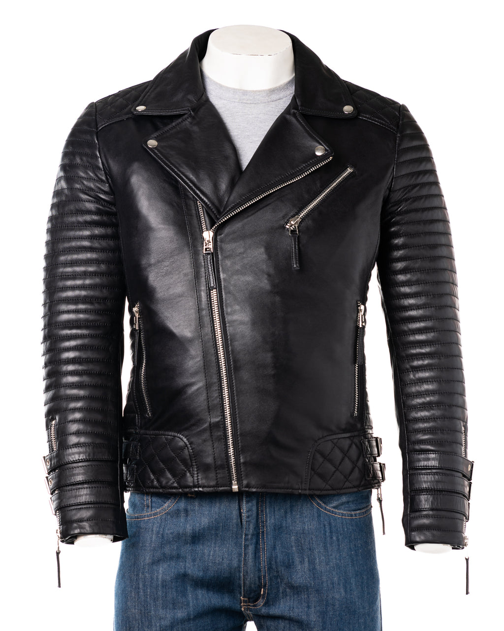 Men's Black Designer Style Leather Biker Jacket: Bruno