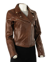Women's Brown Simple Asymmetric Leather Biker Jacket: Brigida