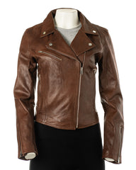 Women's Brown Simple Asymmetric Leather Biker Jacket: Brigida