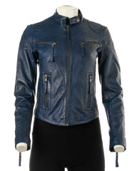 Ladies Deep Blue Buckled Asymmetric Biker Style Leather Jacket: Ella