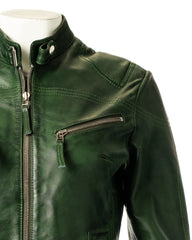 Ladies Bottle Green Slim Fit Biker Style Leather Jacket: Ella