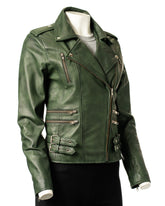 Ladies Forest Green Buckled Asymmetric Biker Style Leather Jacket: Angelica