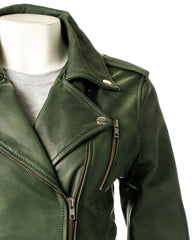 Ladies Forest Green Buckled Asymmetric Biker Style Leather Jacket: Angelica