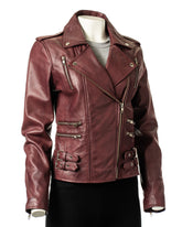 Ladies Burgundy Buckled Asymmetric Biker Style Leather Jacket: Angelica