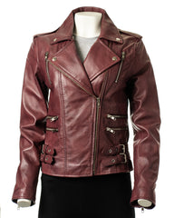Ladies Burgundy Buckled Asymmetric Biker Style Leather Jacket: Angelica
