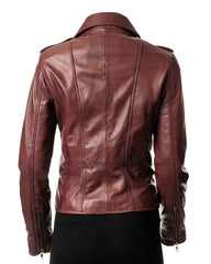 Ladies Burgundy Buckled Asymmetric Biker Style Leather Jacket: Angelica